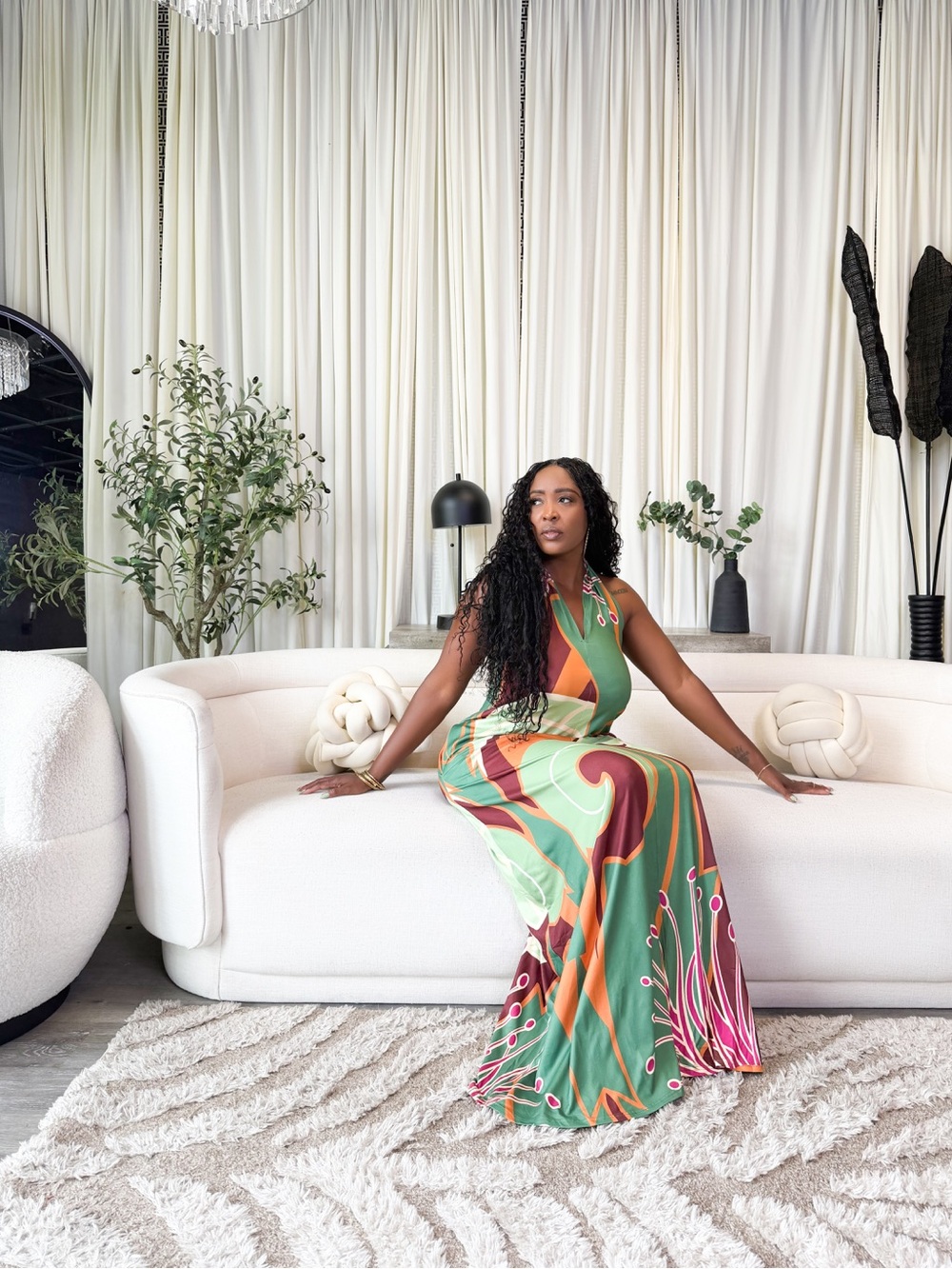 Vibrant Green Multicolor Halter Maxi Dress